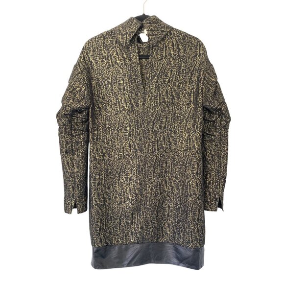 Mart Size 0 Metallic Gold Black Structured Mini Dress Lambskin Leather Trim Silk - Picture 2 of 13